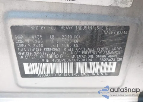 2010 Subaru Legacy 2.5I Premium z USA, uszkodzony, nr VIN 4S3BMBB67A3238700